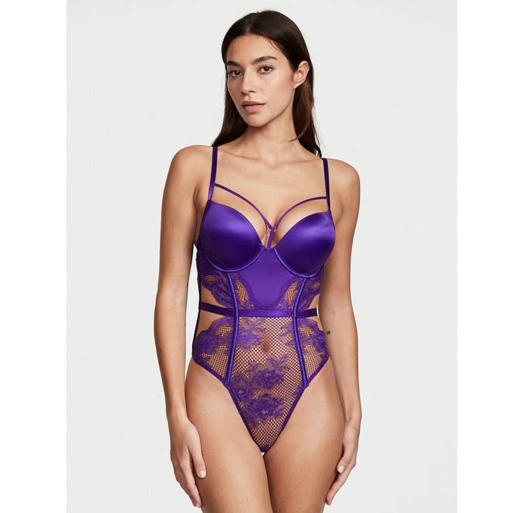 Victorias Secret Brilliant Purple Fishnet Bombshell Bodysuit Lingerie L